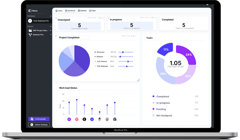 MacBook Pro mockup showing the project management interface