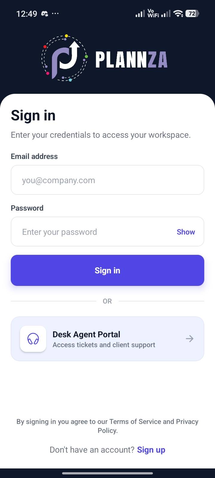 Plannza mobile app screen